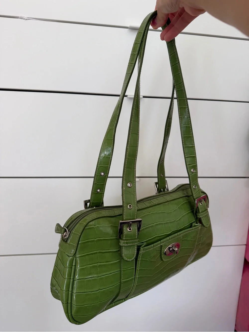 Green Croc-Effect Shoulder Bag